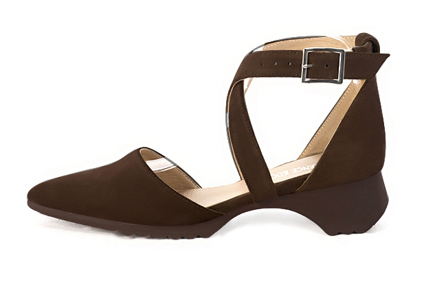 Dark brown women's open side shoes, with crossed straps.. Profile view - Florence KOOIJMAN